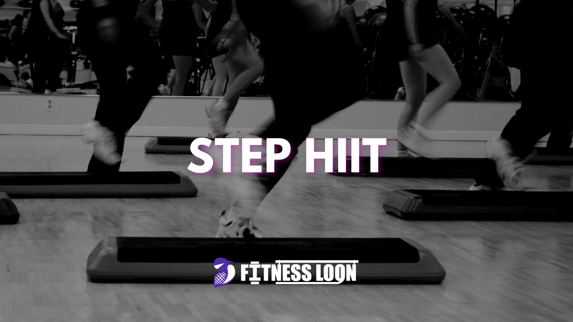 Group doing step HIIT workout in gym