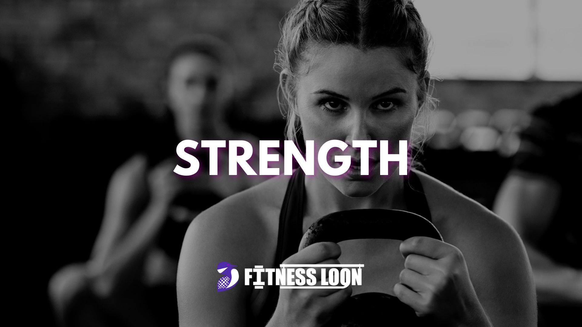 Woman lifting weight plate with 'Strength' text overlay