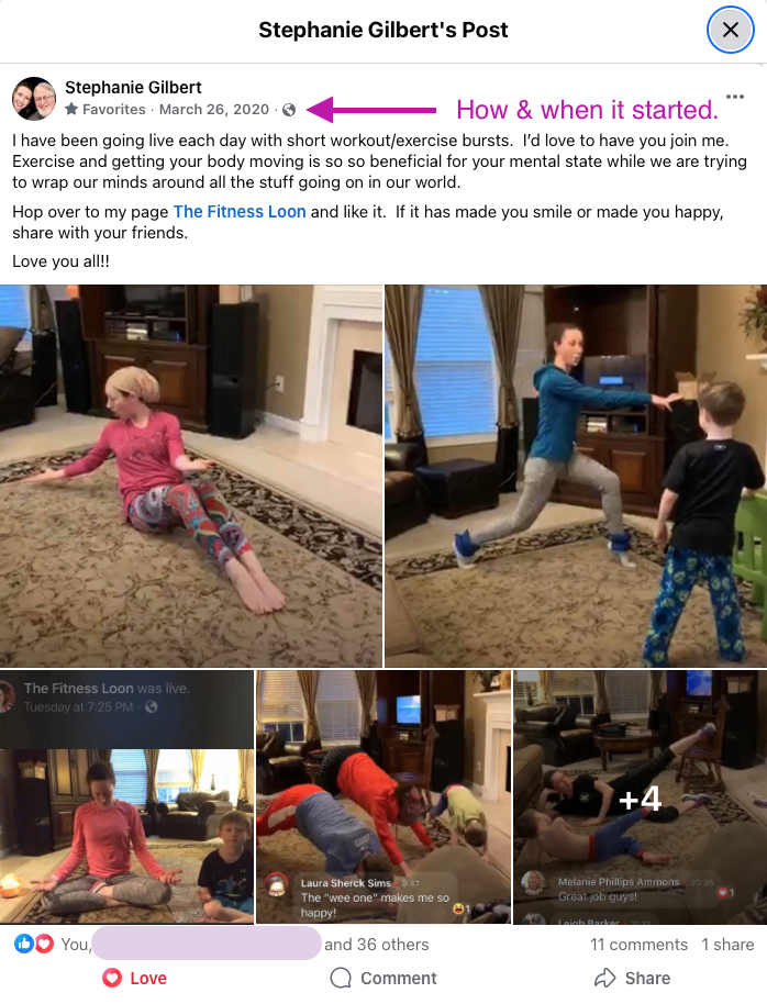 Facebook post showing home workout session screenshots