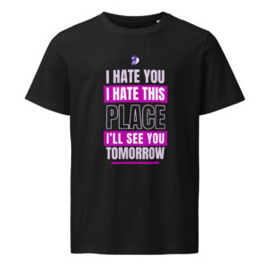 Black T-shirt with bold sarcastic text graphic